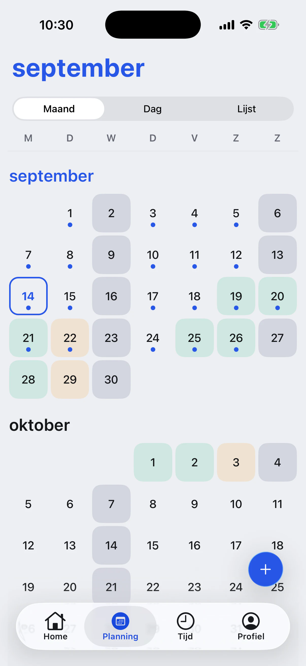 De kalender in de Vesta-app met de geplande shifts van een medewerker