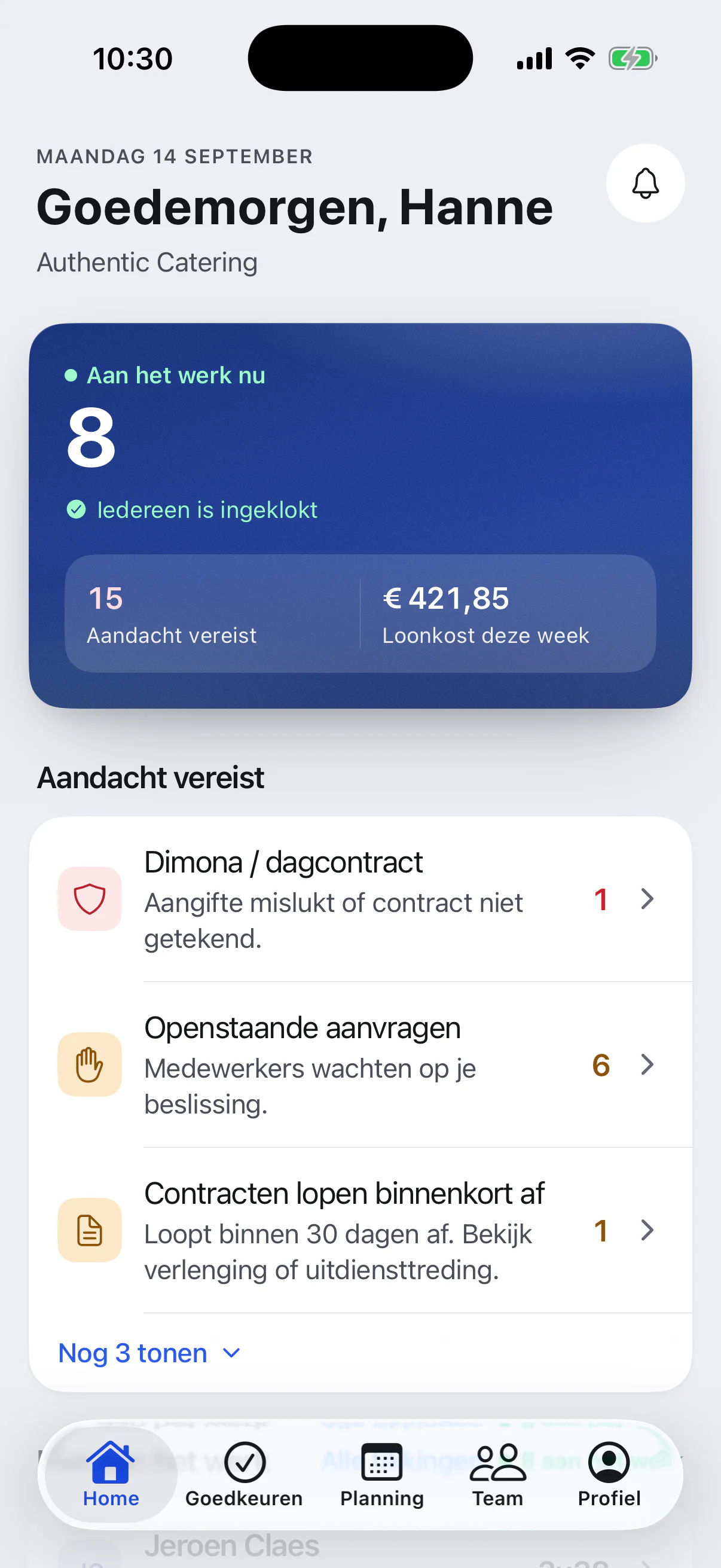 Het manageroverzicht in de Vesta-app met waarschuwingen over Dimona en dagcontracten, aflopende contracten en de loonkost van deze week