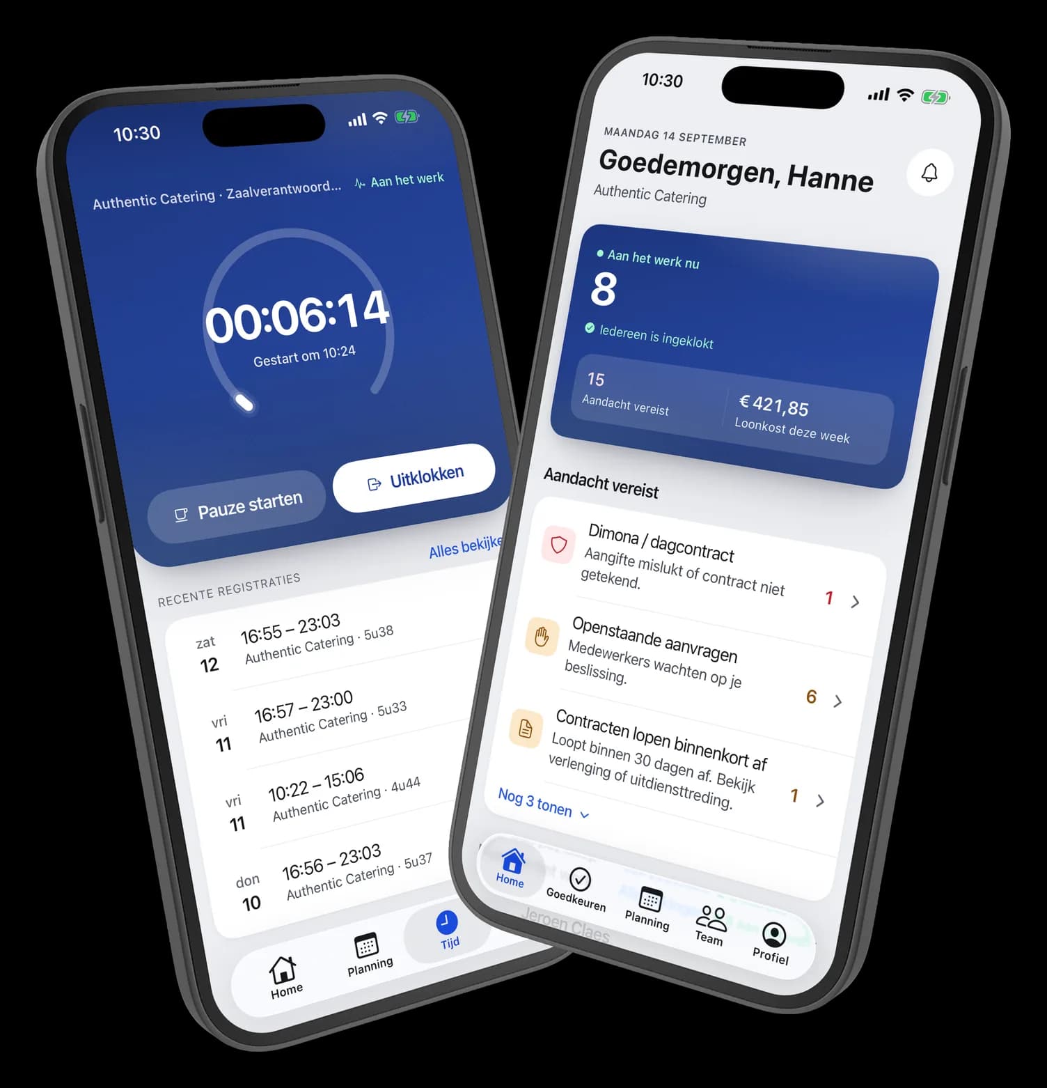VestaTime op twee iPhones: een medewerker is ingeklokt, de manager ziet het overzicht van vandaag
