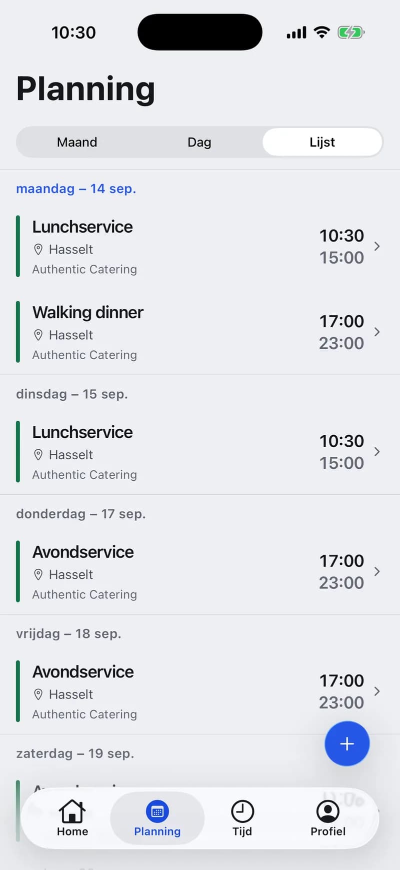 Weekplanning in de medewerkersapp met shifts, verlof en beschikbaarheid